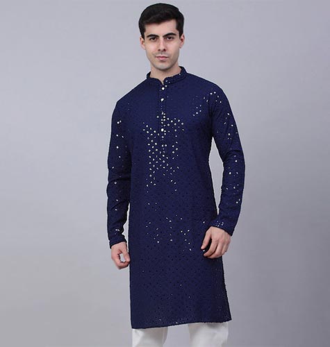 Men Navy Blue Ethnic Motifs Mirror Work Indigo Cotton Kurta